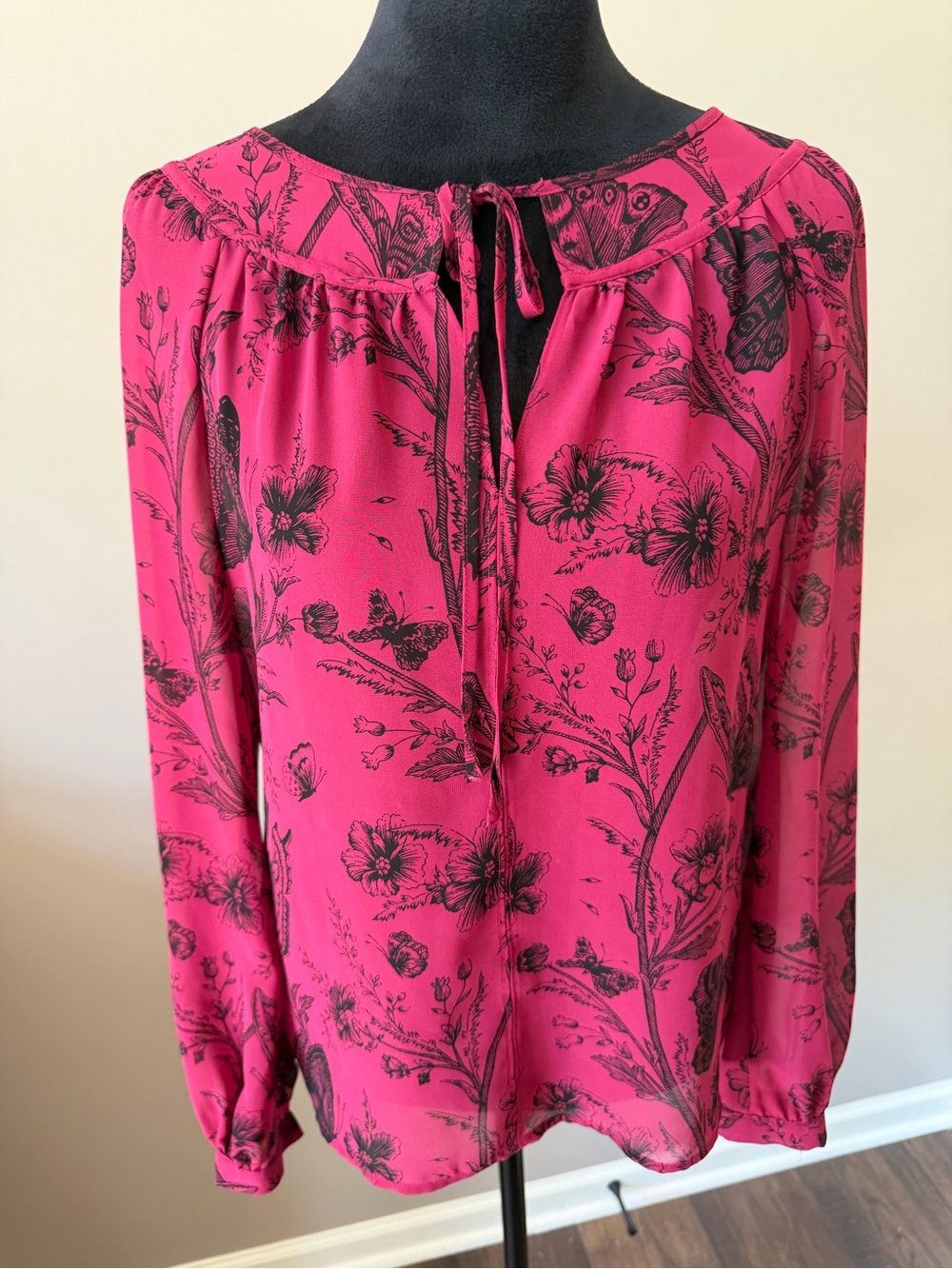 LOFT Pink Floral Tie-Neck Blouse